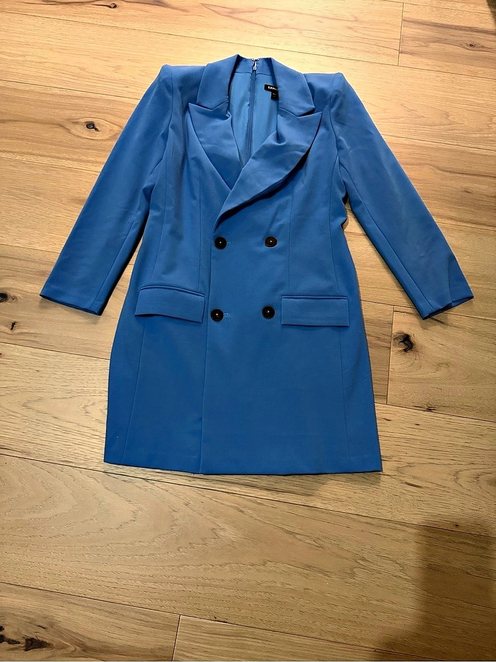 Express Double Breasted Padded Shoulder Mini Blazer Dress Blue Size Small